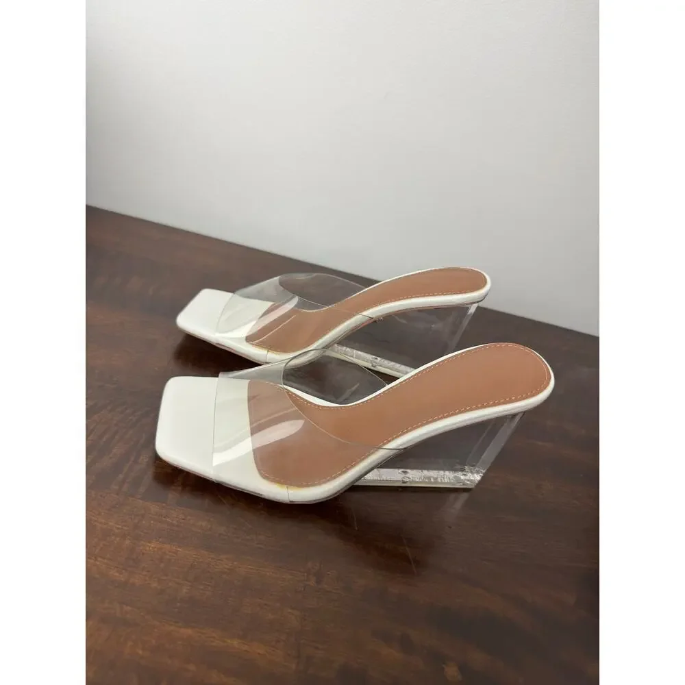 Fashion to Figure X Gabrielle Union Clear & White Wedge Heel Mules Size 6 NIB